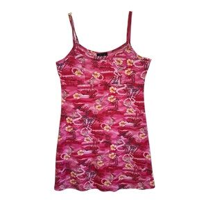 Vintage 90s Y2k 00s Pink Sleeveless Hawaiian Mini Dress Tie Back size Medium